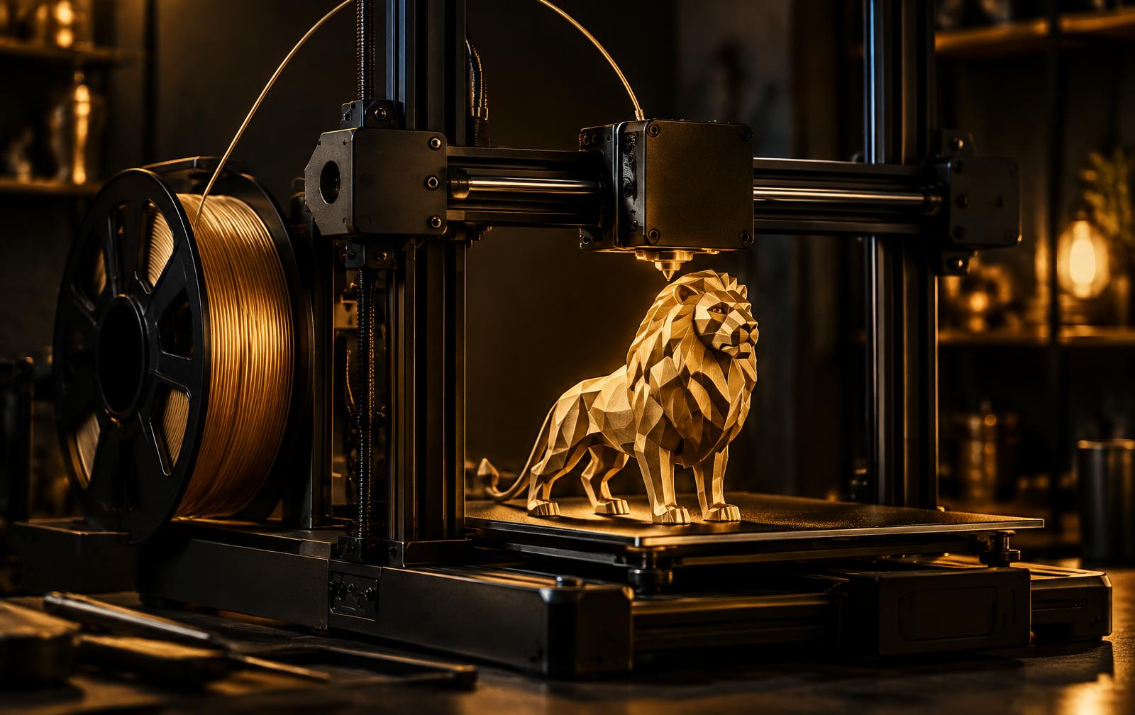 Impressora 3D imprimindo um leão dourado