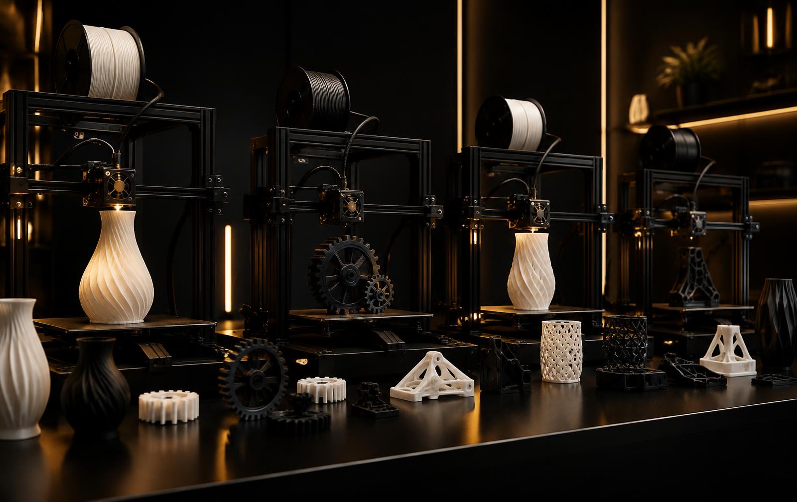 Impressoras 3D imprimindo peças, vasos e engrenagens